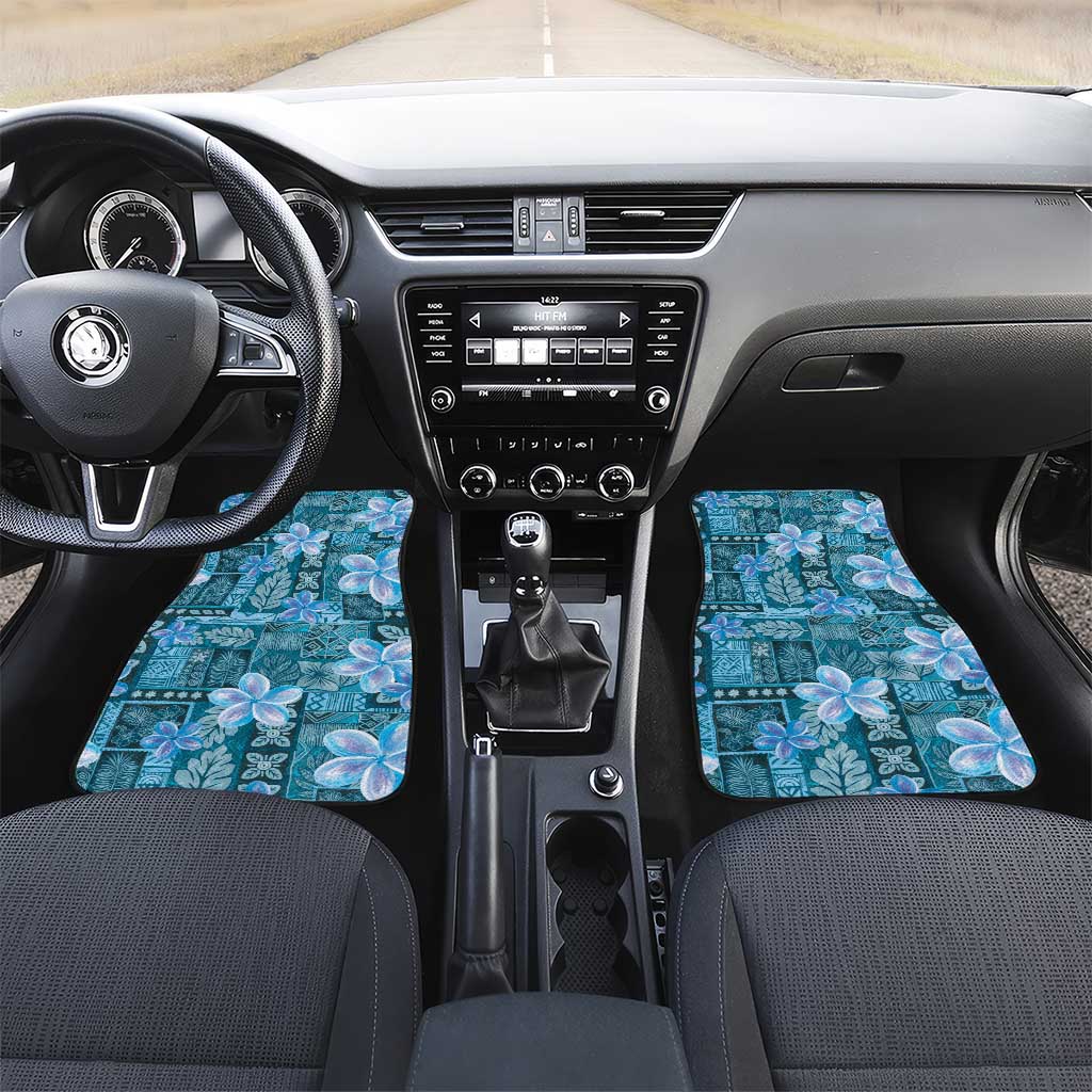 Cyan Hawaii Plumeria With Tropical Flowers Motifs Car Mats