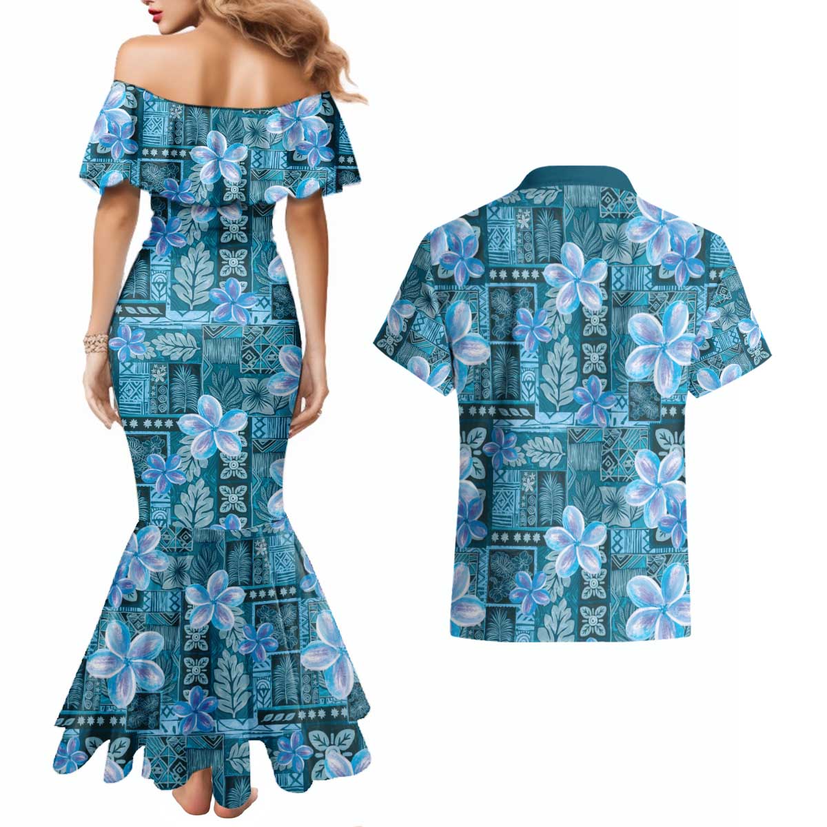 Cyan Hawaii Plumeria With Tropical Flowers Motifs Couples Matching Mermaid Dress and Hawaiian Shirt LT14 - Polynesian Pride