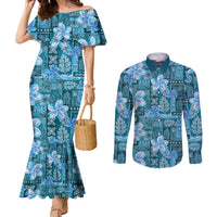 Cyan Hawaii Plumeria With Tropical Flowers Motifs Couples Matching Mermaid Dress and Long Sleeve Button Shirt LT14 Cyan - Polynesian Pride
