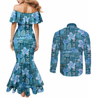 Cyan Hawaii Plumeria With Tropical Flowers Motifs Couples Matching Mermaid Dress and Long Sleeve Button Shirt LT14 - Polynesian Pride