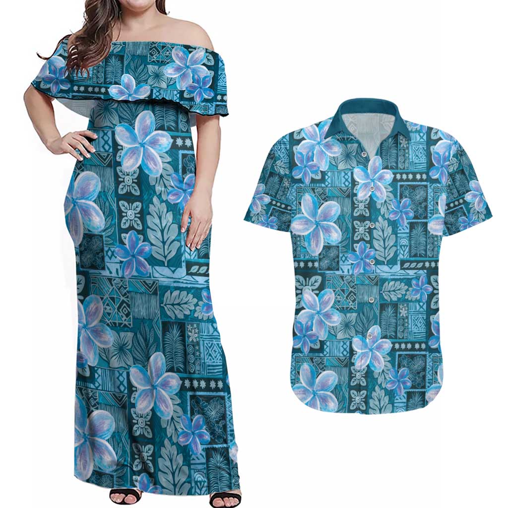 Cyan Hawaii Plumeria With Tropical Flowers Motifs Couples Matching Off Shoulder Maxi Dress and Hawaiian Shirt LT14 Cyan - Polynesian Pride