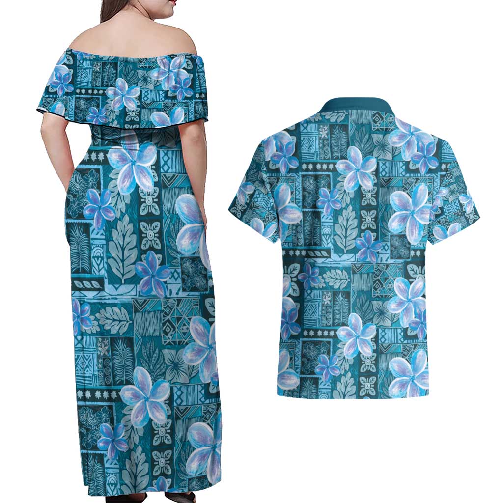 Cyan Hawaii Plumeria With Tropical Flowers Motifs Couples Matching Off Shoulder Maxi Dress and Hawaiian Shirt LT14 - Polynesian Pride