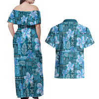 Cyan Hawaii Plumeria With Tropical Flowers Motifs Couples Matching Off Shoulder Maxi Dress and Hawaiian Shirt LT14 - Polynesian Pride