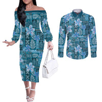 Cyan Hawaii Plumeria With Tropical Flowers Motifs Couples Matching Off The Shoulder Long Sleeve Dress and Long Sleeve Button Shirt LT14 Cyan - Polynesian Pride