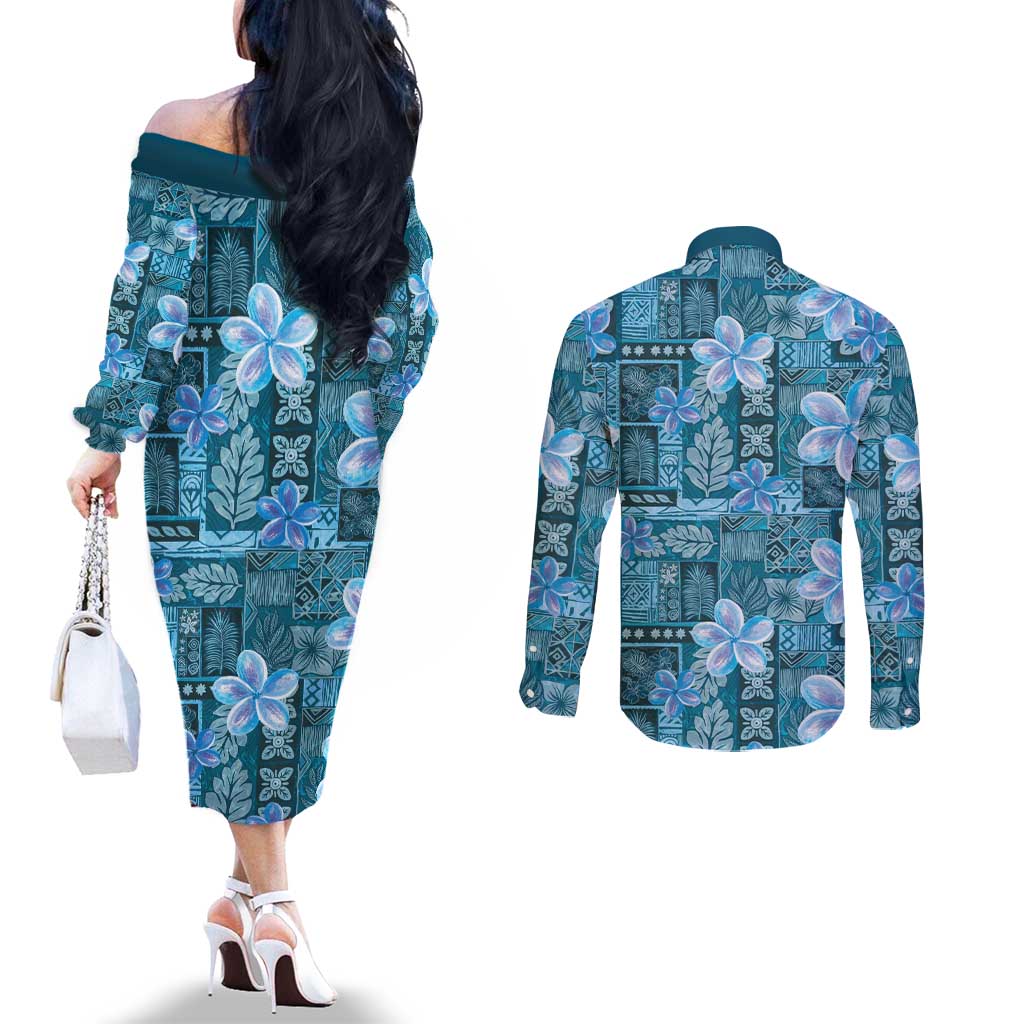Cyan Hawaii Plumeria With Tropical Flowers Motifs Couples Matching Off The Shoulder Long Sleeve Dress and Long Sleeve Button Shirt LT14 - Polynesian Pride