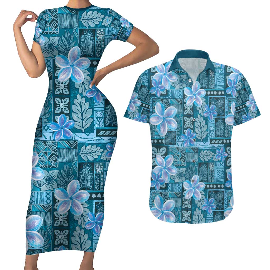 Cyan Hawaii Plumeria With Tropical Flowers Motifs Couples Matching Short Sleeve Bodycon Dress and Hawaiian Shirt LT14 Cyan - Polynesian Pride