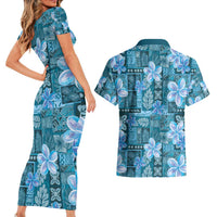 Cyan Hawaii Plumeria With Tropical Flowers Motifs Couples Matching Short Sleeve Bodycon Dress and Hawaiian Shirt LT14 - Polynesian Pride