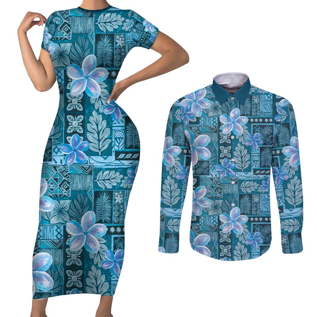 Cyan Hawaii Plumeria With Tropical Flowers Motifs Couples Matching Short Sleeve Bodycon Dress and Long Sleeve Button Shirt LT14 Cyan - Polynesian Pride