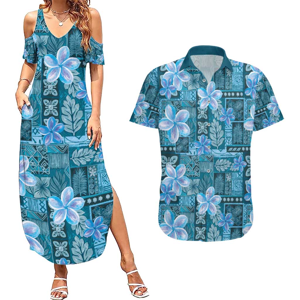 Cyan Hawaii Plumeria With Tropical Flowers Motifs Couples Matching Summer Maxi Dress and Hawaiian Shirt LT14 Cyan - Polynesian Pride