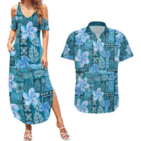 Cyan Hawaii Plumeria With Tropical Flowers Motifs Couples Matching Summer Maxi Dress and Hawaiian Shirt LT14 Cyan - Polynesian Pride