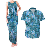 Cyan Hawaii Plumeria With Tropical Flowers Motifs Couples Matching Tank Maxi Dress and Hawaiian Shirt LT14 Cyan - Polynesian Pride