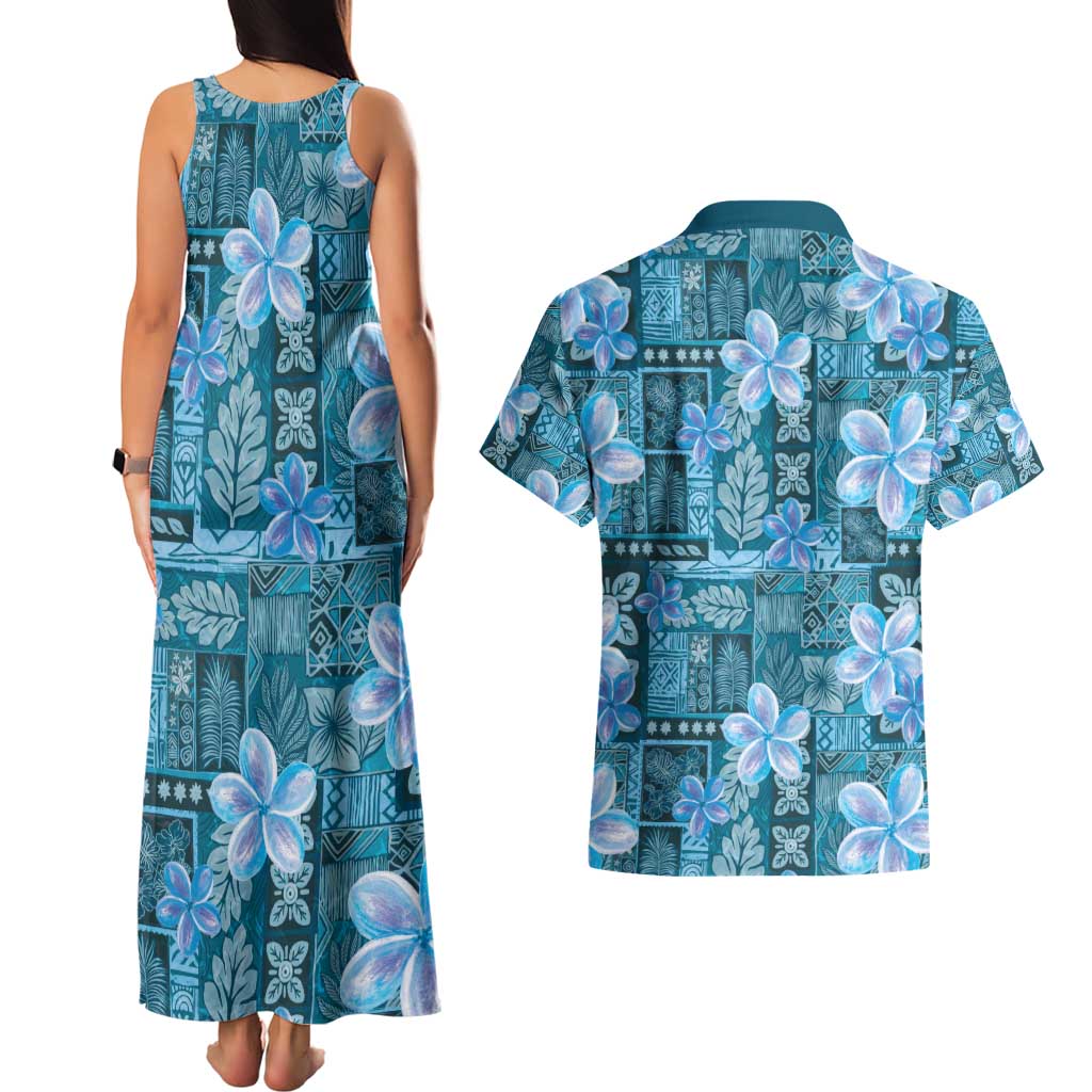 Cyan Hawaii Plumeria With Tropical Flowers Motifs Couples Matching Tank Maxi Dress and Hawaiian Shirt LT14 - Polynesian Pride