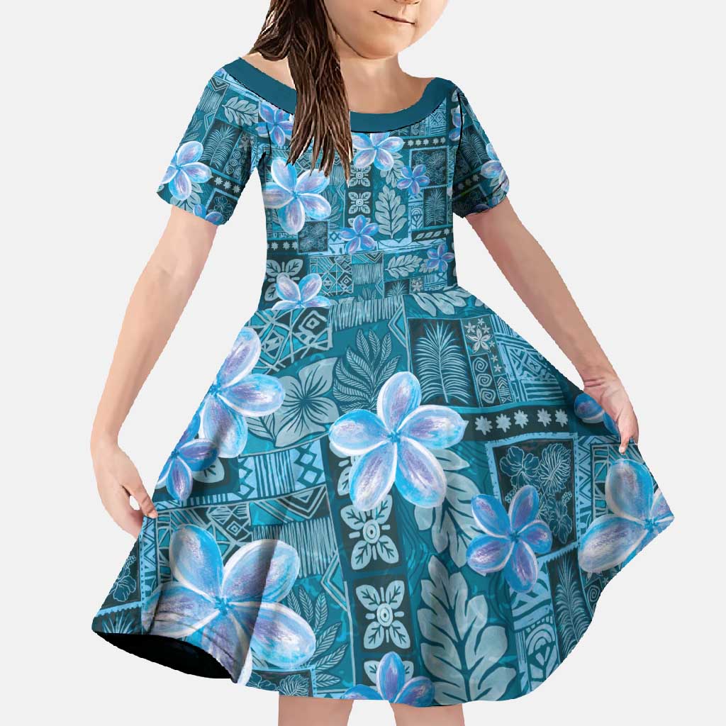 Cyan Hawaii Plumeria With Tropical Flowers Motifs Family Matching Long Sleeve Bodycon Dress and Hawaiian Shirt LT14 Daughter's Dress Cyan - Polynesian Pride
