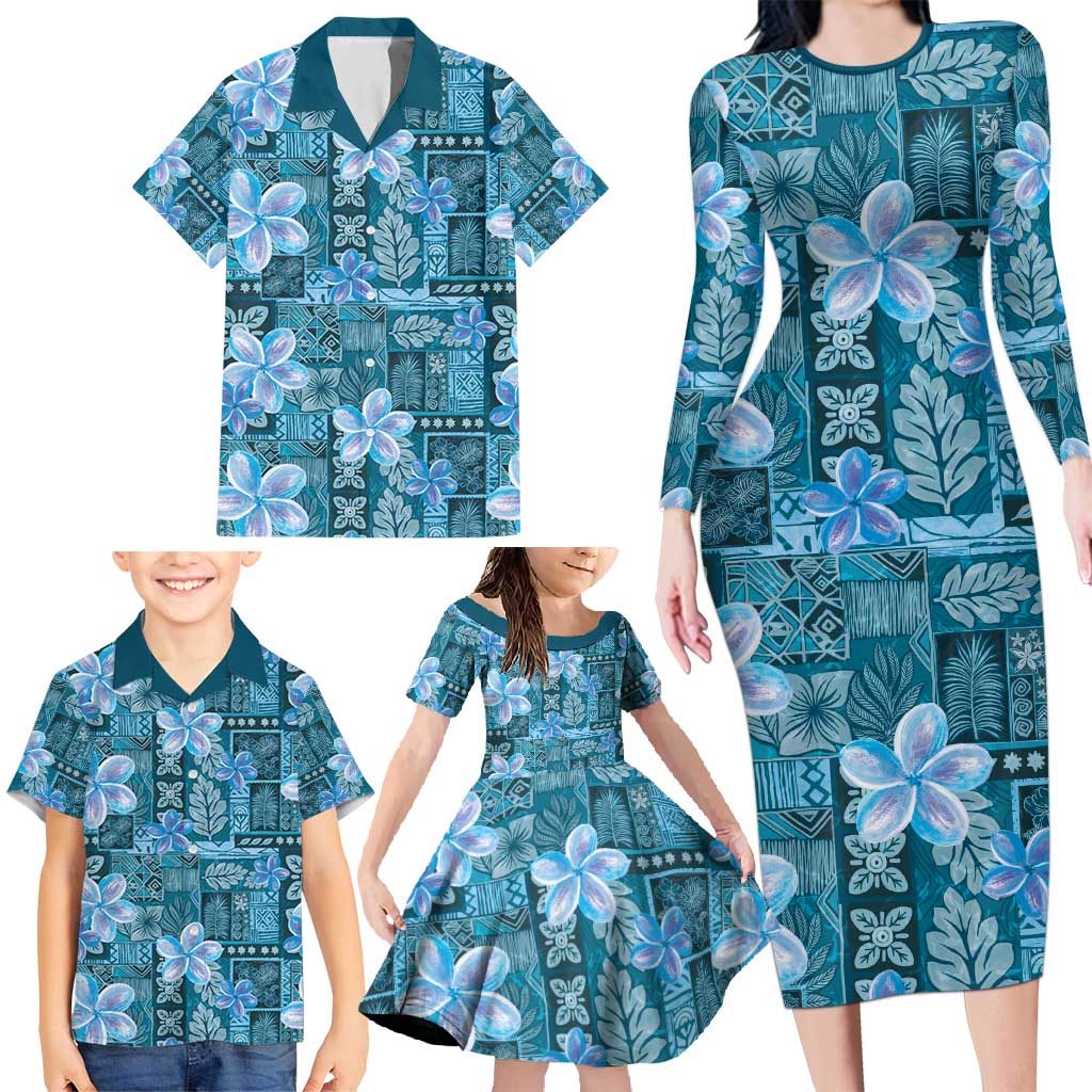 Cyan Hawaii Plumeria With Tropical Flowers Motifs Family Matching Long Sleeve Bodycon Dress and Hawaiian Shirt LT14 - Polynesian Pride