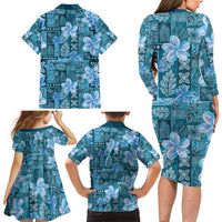 Cyan Hawaii Plumeria With Tropical Flowers Motifs Family Matching Long Sleeve Bodycon Dress and Hawaiian Shirt LT14 - Polynesian Pride