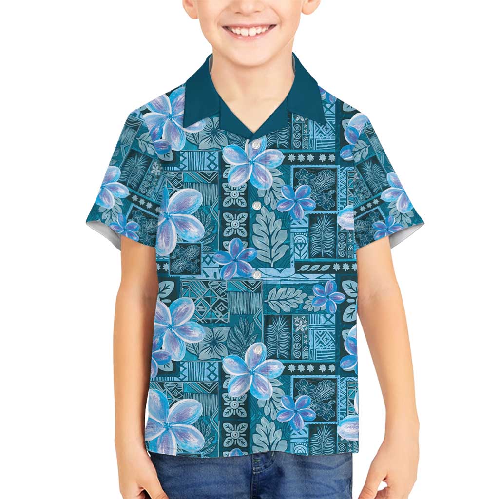 Cyan Hawaii Plumeria With Tropical Flowers Motifs Family Matching Long Sleeve Bodycon Dress and Hawaiian Shirt LT14 Son's Shirt Cyan - Polynesian Pride