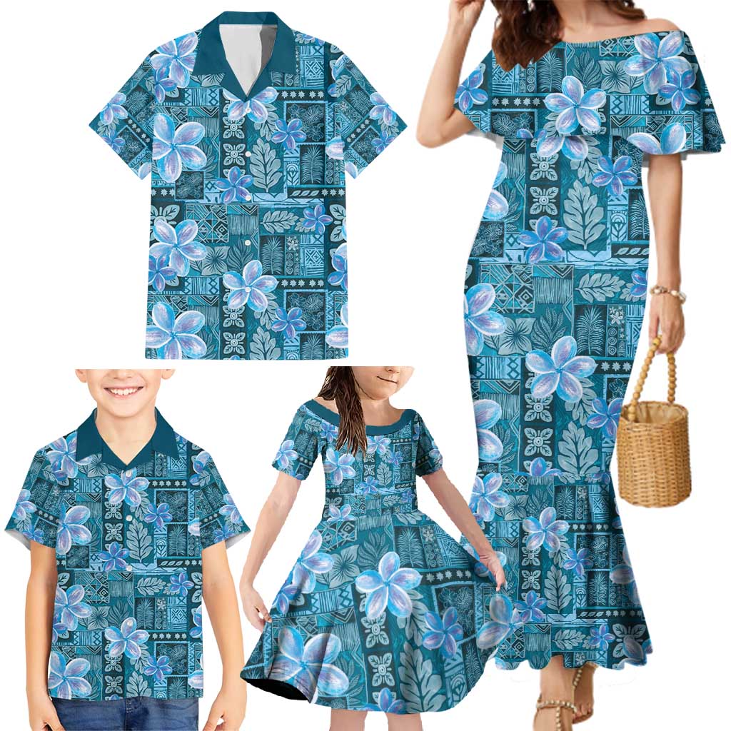 Cyan Hawaii Plumeria With Tropical Flowers Motifs Family Matching Mermaid Dress and Hawaiian Shirt LT14 - Polynesian Pride