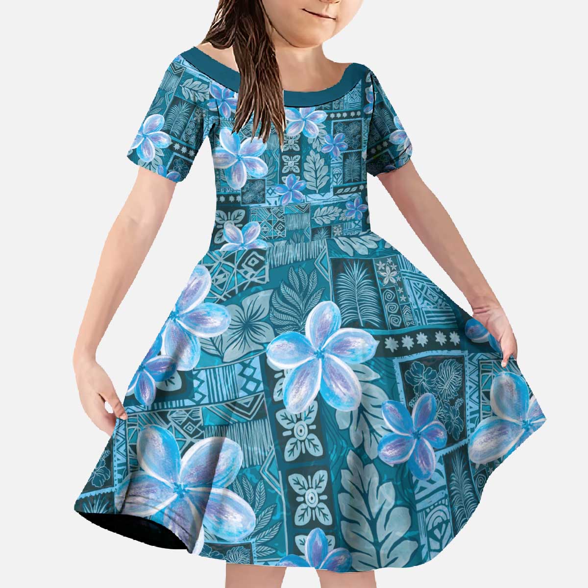 Cyan Hawaii Plumeria With Tropical Flowers Motifs Family Matching Off The Shoulder Long Sleeve Dress and Hawaiian Shirt LT14 Daughter's Dress Cyan - Polynesian Pride