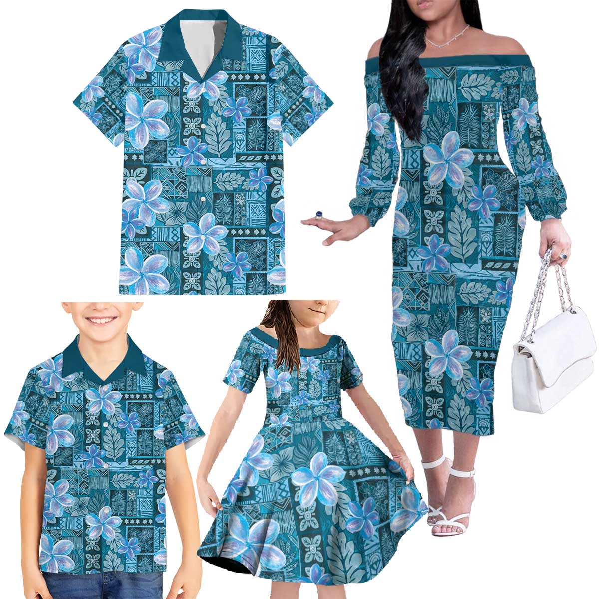 Cyan Hawaii Plumeria With Tropical Flowers Motifs Family Matching Off The Shoulder Long Sleeve Dress and Hawaiian Shirt LT14 - Polynesian Pride