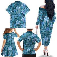 Cyan Hawaii Plumeria With Tropical Flowers Motifs Family Matching Off The Shoulder Long Sleeve Dress and Hawaiian Shirt LT14 - Polynesian Pride