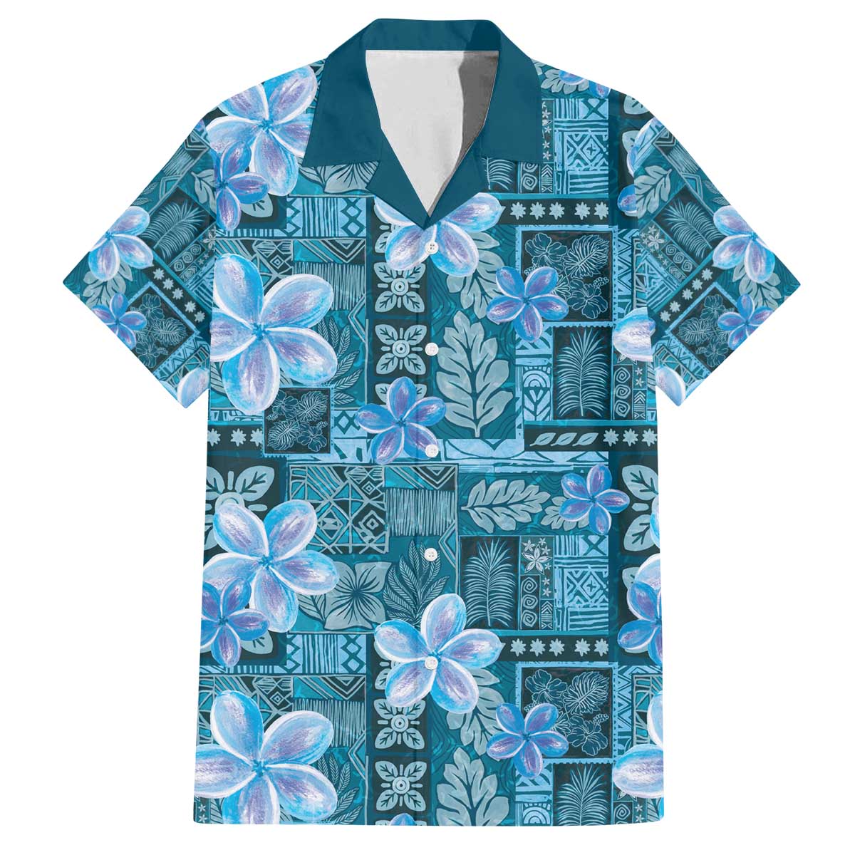 Cyan Hawaii Plumeria With Tropical Flowers Motifs Family Matching Off The Shoulder Long Sleeve Dress and Hawaiian Shirt LT14 Dad's Shirt - Short Sleeve Cyan - Polynesian Pride