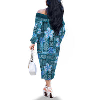 Cyan Hawaii Plumeria With Tropical Flowers Motifs Family Matching Off The Shoulder Long Sleeve Dress and Hawaiian Shirt LT14 - Polynesian Pride