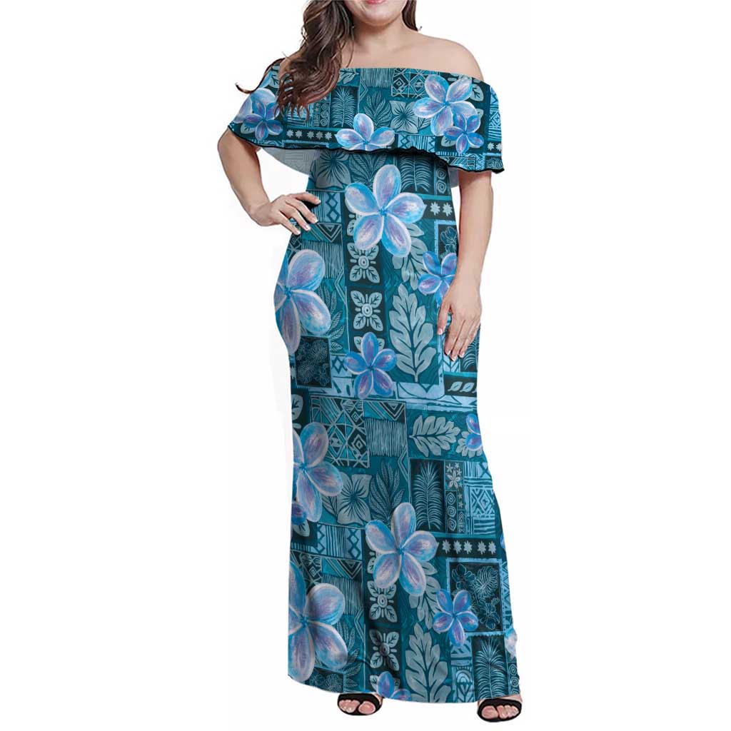 Cyan Hawaii Plumeria With Tropical Flowers Motifs Family Matching Off Shoulder Maxi Dress and Hawaiian Shirt LT14 Mom's Dress Cyan - Polynesian Pride