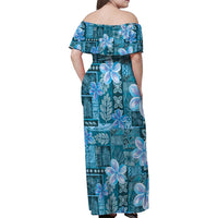 Cyan Hawaii Plumeria With Tropical Flowers Motifs Family Matching Off Shoulder Maxi Dress and Hawaiian Shirt LT14 - Polynesian Pride