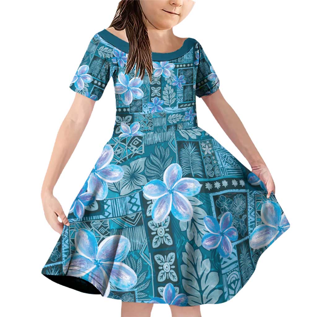 Cyan Hawaii Plumeria With Tropical Flowers Motifs Family Matching Off Shoulder Short Dress and Hawaiian Shirt LT14 Daughter's Dress Cyan - Polynesian Pride