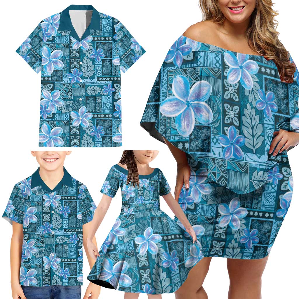 Cyan Hawaii Plumeria With Tropical Flowers Motifs Family Matching Off Shoulder Short Dress and Hawaiian Shirt LT14 - Polynesian Pride