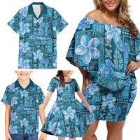 Cyan Hawaii Plumeria With Tropical Flowers Motifs Family Matching Off Shoulder Short Dress and Hawaiian Shirt LT14 - Polynesian Pride