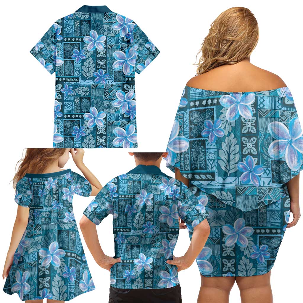 Cyan Hawaii Plumeria With Tropical Flowers Motifs Family Matching Off Shoulder Short Dress and Hawaiian Shirt LT14 - Polynesian Pride