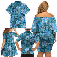Cyan Hawaii Plumeria With Tropical Flowers Motifs Family Matching Off Shoulder Short Dress and Hawaiian Shirt LT14 - Polynesian Pride
