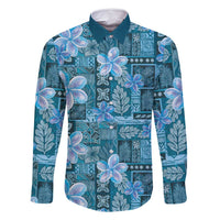 Cyan Hawaii Plumeria With Tropical Flowers Motifs Family Matching Off Shoulder Short Dress and Hawaiian Shirt LT14 Dad's Shirt - Long Sleeve Cyan - Polynesian Pride