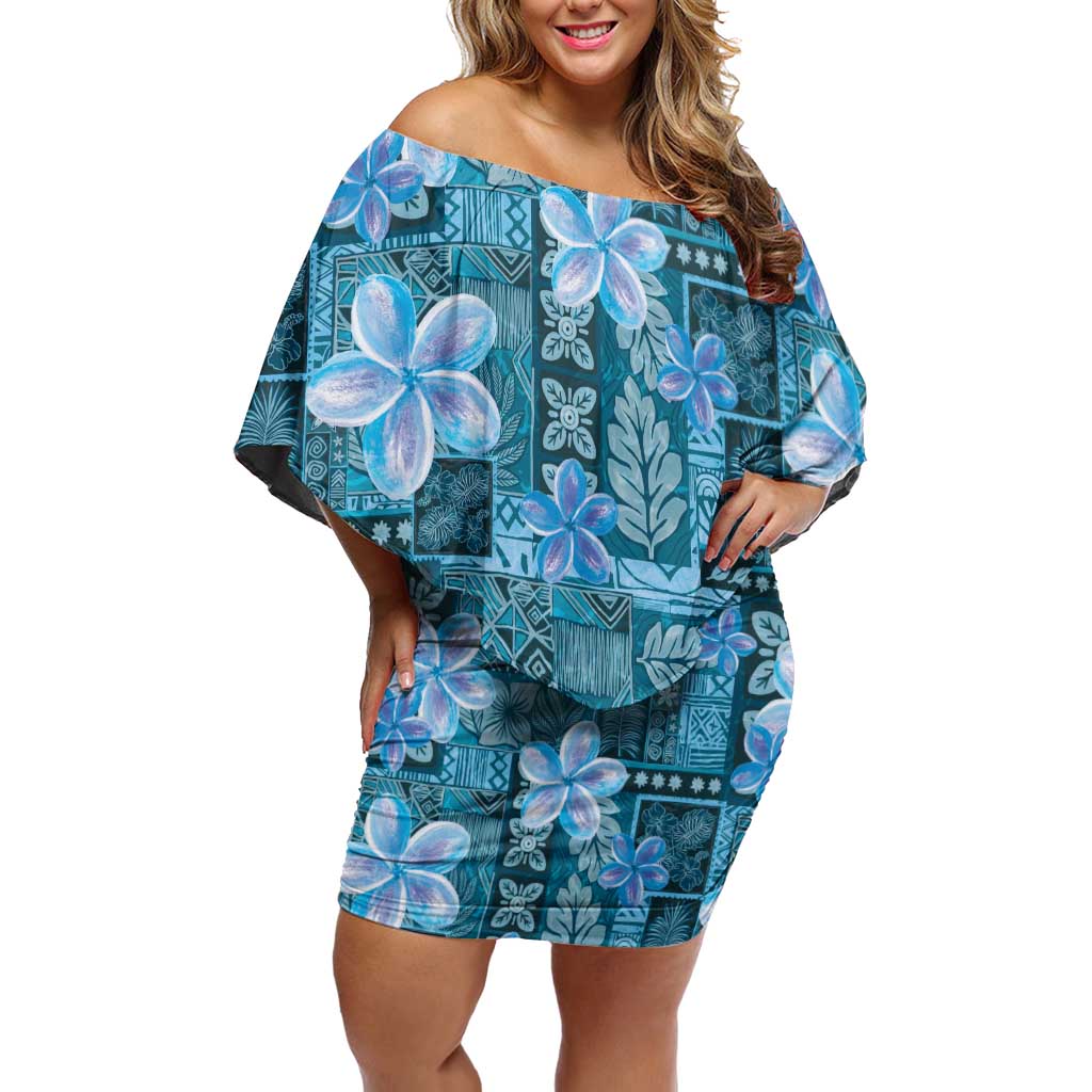 Cyan Hawaii Plumeria With Tropical Flowers Motifs Family Matching Off Shoulder Short Dress and Hawaiian Shirt LT14 Mom's Dress Cyan - Polynesian Pride