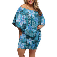 Cyan Hawaii Plumeria With Tropical Flowers Motifs Family Matching Off Shoulder Short Dress and Hawaiian Shirt LT14 Mom's Dress Cyan - Polynesian Pride