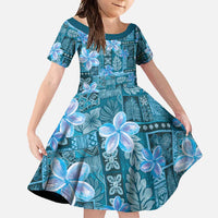 Cyan Hawaii Plumeria With Tropical Flowers Motifs Family Matching Short Sleeve Bodycon Dress and Hawaiian Shirt LT14 Daughter's Dress Cyan - Polynesian Pride