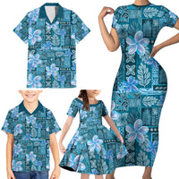 Cyan Hawaii Plumeria With Tropical Flowers Motifs Family Matching Short Sleeve Bodycon Dress and Hawaiian Shirt LT14 - Polynesian Pride