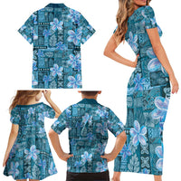 Cyan Hawaii Plumeria With Tropical Flowers Motifs Family Matching Short Sleeve Bodycon Dress and Hawaiian Shirt LT14 - Polynesian Pride