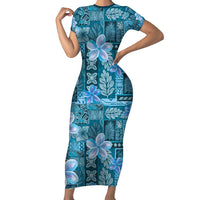 Cyan Hawaii Plumeria With Tropical Flowers Motifs Family Matching Short Sleeve Bodycon Dress and Hawaiian Shirt LT14 Mom's Dress Cyan - Polynesian Pride