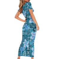 Cyan Hawaii Plumeria With Tropical Flowers Motifs Family Matching Short Sleeve Bodycon Dress and Hawaiian Shirt LT14 - Polynesian Pride