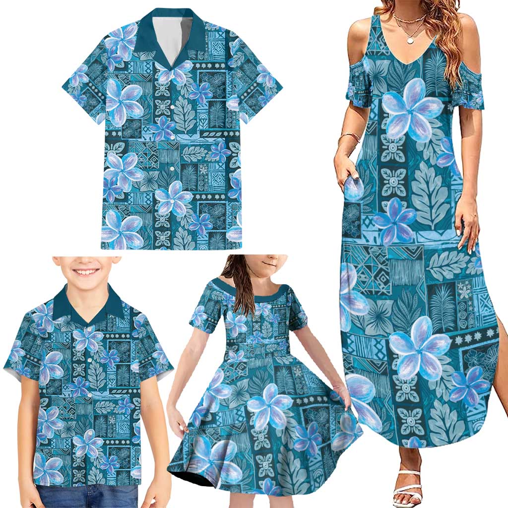 Cyan Hawaii Plumeria With Tropical Flowers Motifs Family Matching Summer Maxi Dress and Hawaiian Shirt LT14 - Polynesian Pride