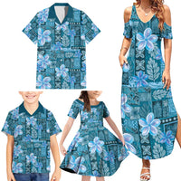 Cyan Hawaii Plumeria With Tropical Flowers Motifs Family Matching Summer Maxi Dress and Hawaiian Shirt LT14 - Polynesian Pride