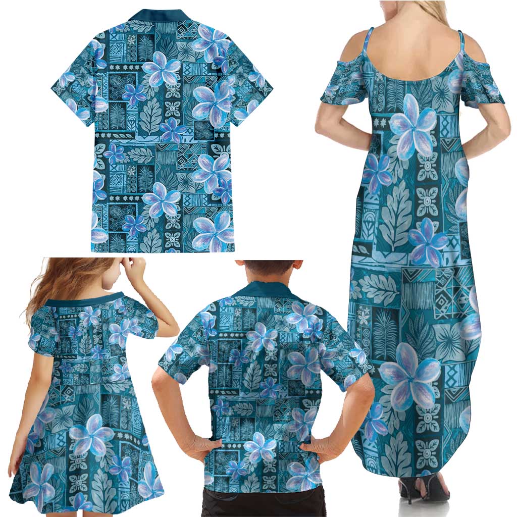 Cyan Hawaii Plumeria With Tropical Flowers Motifs Family Matching Summer Maxi Dress and Hawaiian Shirt LT14 - Polynesian Pride