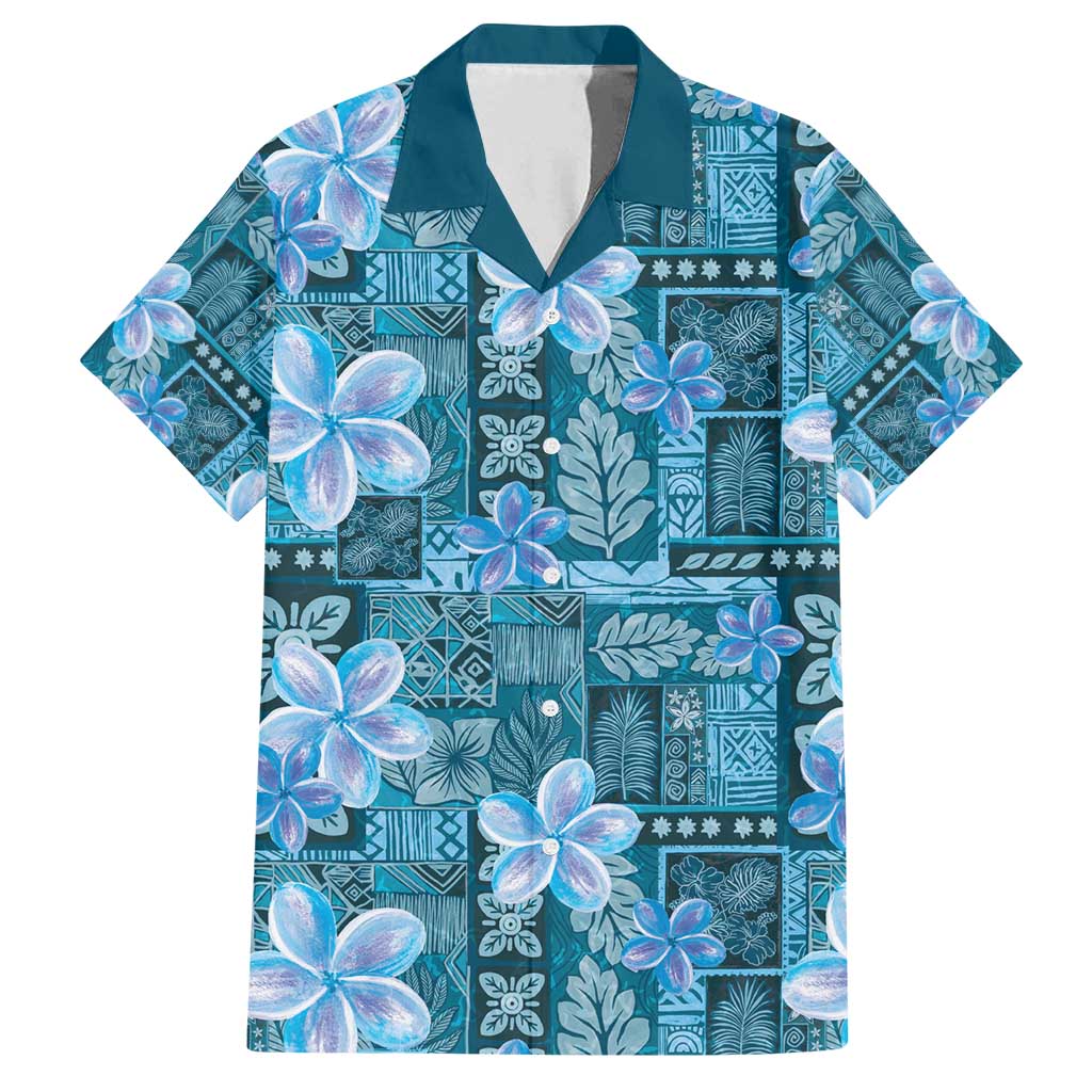 Cyan Hawaii Plumeria With Tropical Flowers Motifs Family Matching Summer Maxi Dress and Hawaiian Shirt LT14 Dad's Shirt - Short Sleeve Cyan - Polynesian Pride