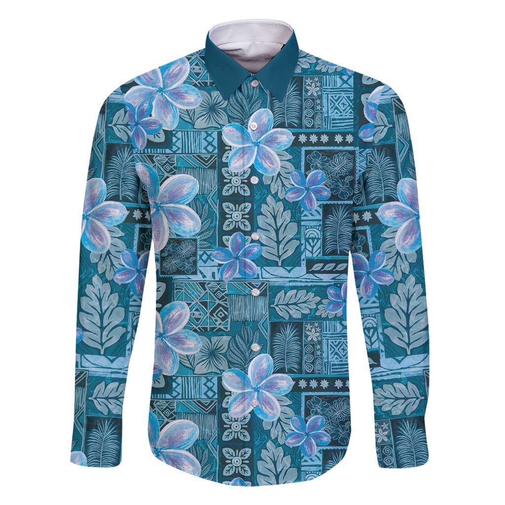 Cyan Hawaii Plumeria With Tropical Flowers Motifs Family Matching Summer Maxi Dress and Hawaiian Shirt LT14 Dad's Shirt - Long Sleeve Cyan - Polynesian Pride