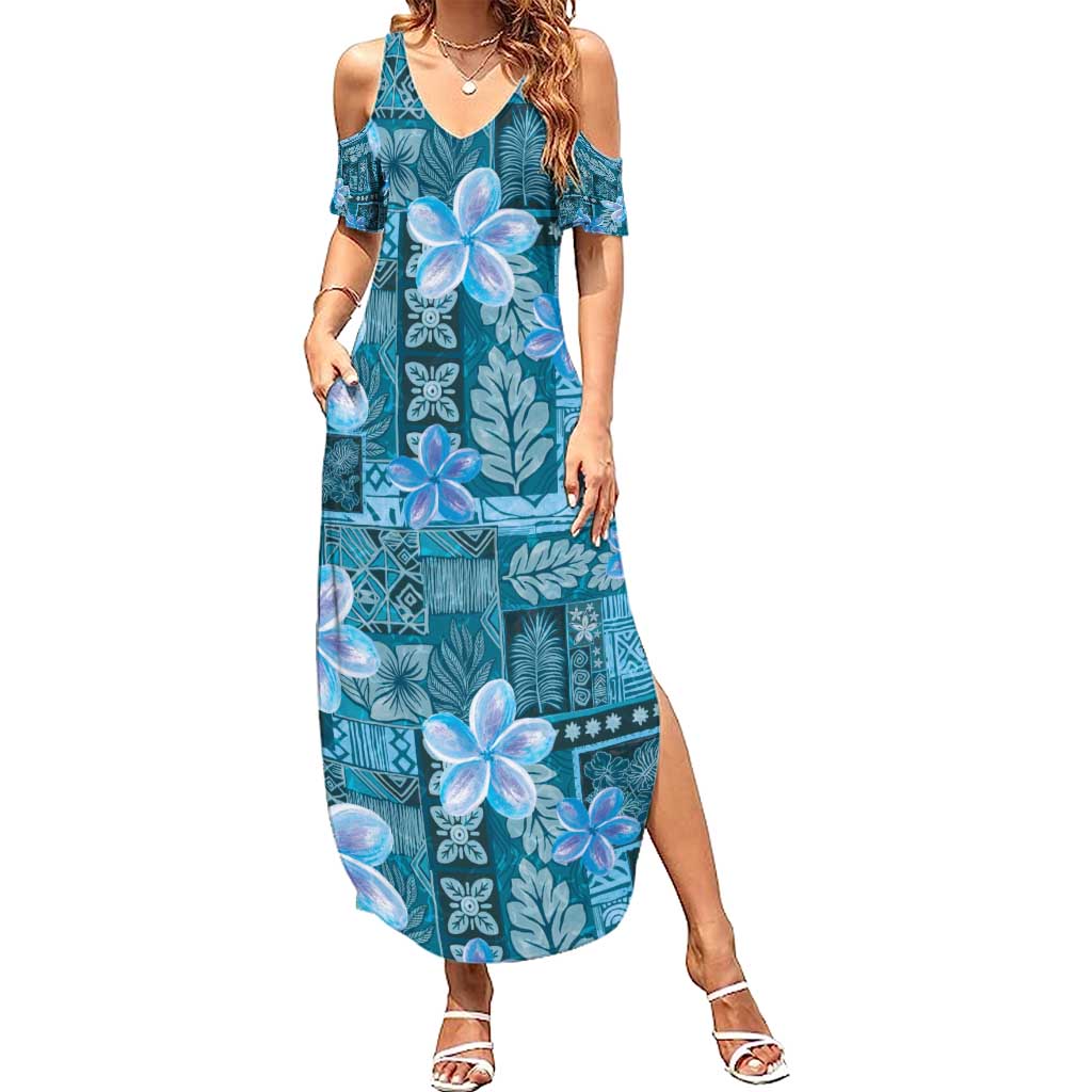 Cyan Hawaii Plumeria With Tropical Flowers Motifs Family Matching Summer Maxi Dress and Hawaiian Shirt LT14 Mom's Dress Cyan - Polynesian Pride