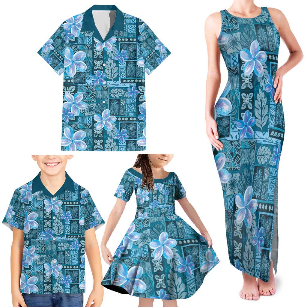 Cyan Hawaii Plumeria With Tropical Flowers Motifs Family Matching Tank Maxi Dress and Hawaiian Shirt LT14 - Polynesian Pride