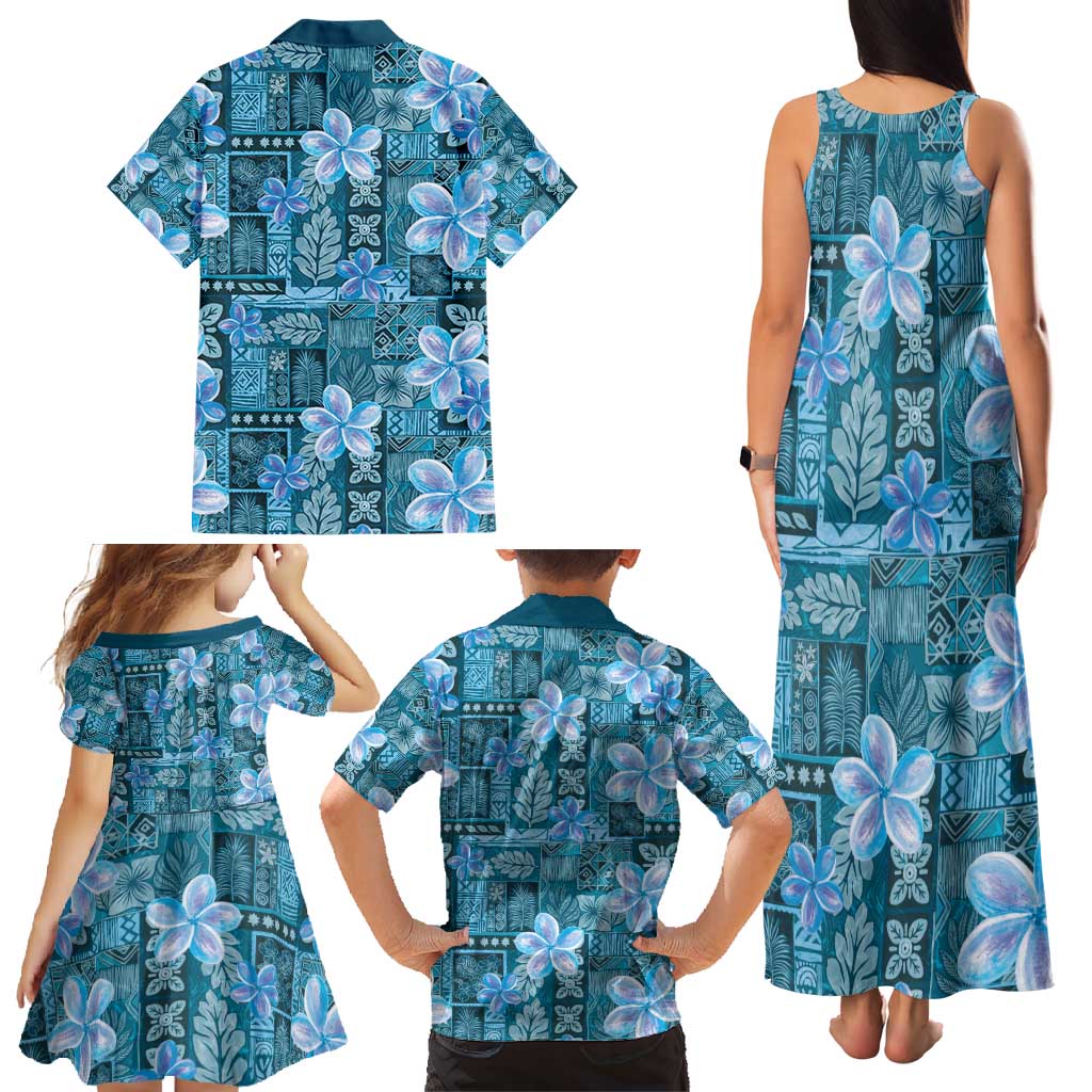 Cyan Hawaii Plumeria With Tropical Flowers Motifs Family Matching Tank Maxi Dress and Hawaiian Shirt LT14 - Polynesian Pride