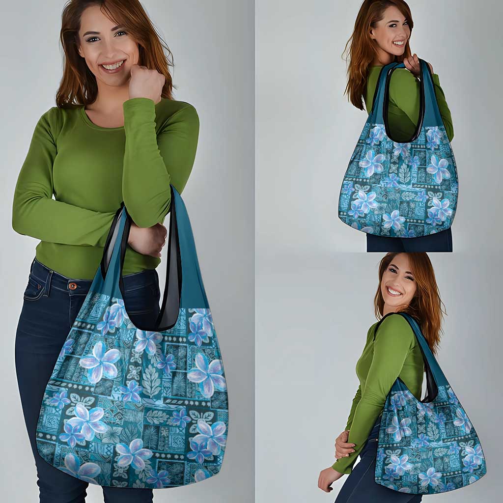 Cyan Hawaii Plumeria With Tropical Flowers Motifs Grocery Bag